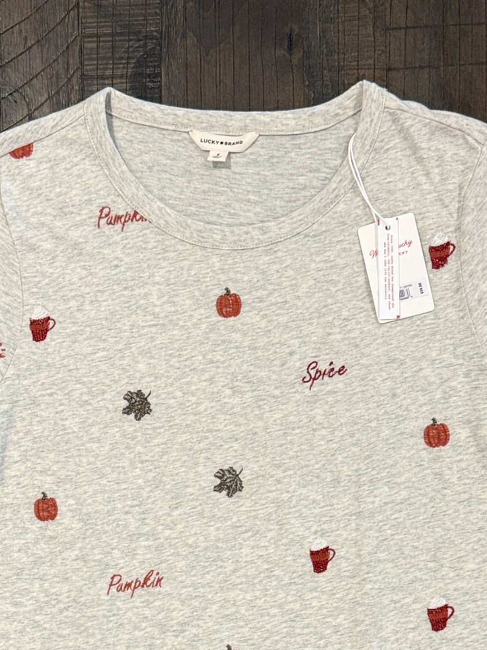Lucky Brand Women’s Gray Fall Themed T-Shirt Short Sleeve Crew Neck Embroidered - Picture 4 of 16